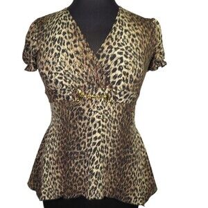 Egen Women's Vintage Leopard Print Blouse Decorative Belted Detail Size XL
